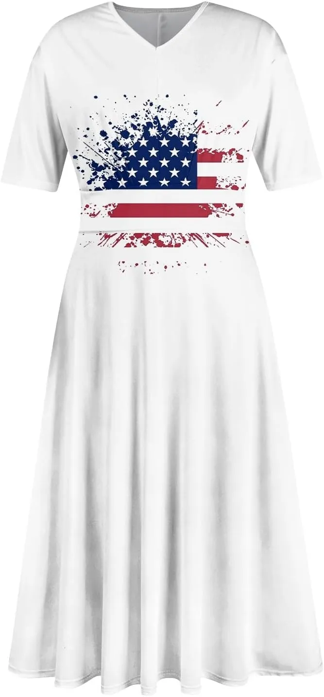 Women's July of 4th Dresses V Neck Patriotic Amercian Flag Midi Dress with Pocket