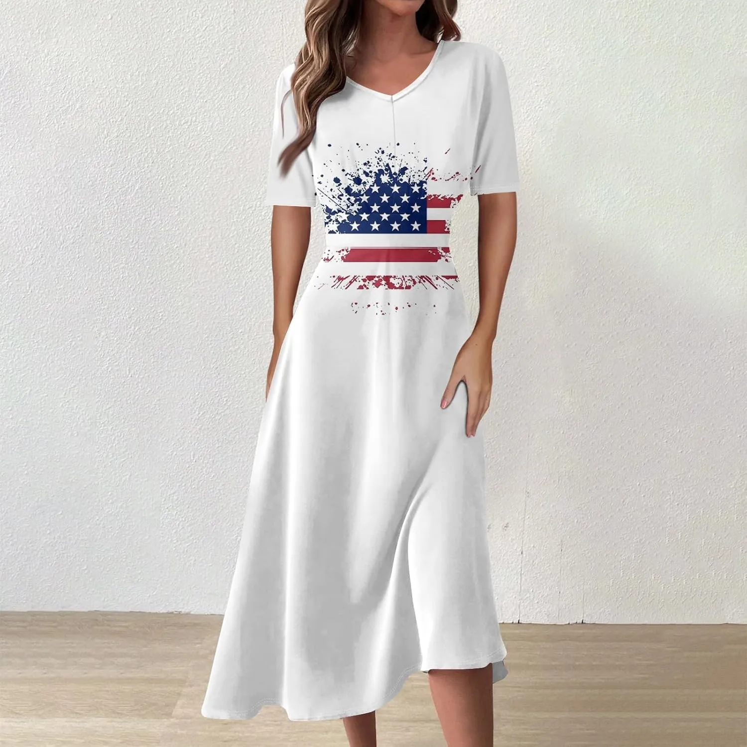 Women's July of 4th Dresses V Neck Patriotic Amercian Flag Midi Dress with Pocket