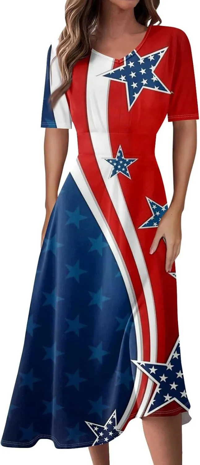Women's July of 4th Dresses V Neck Patriotic Amercian Flag Midi Dress with Pocket