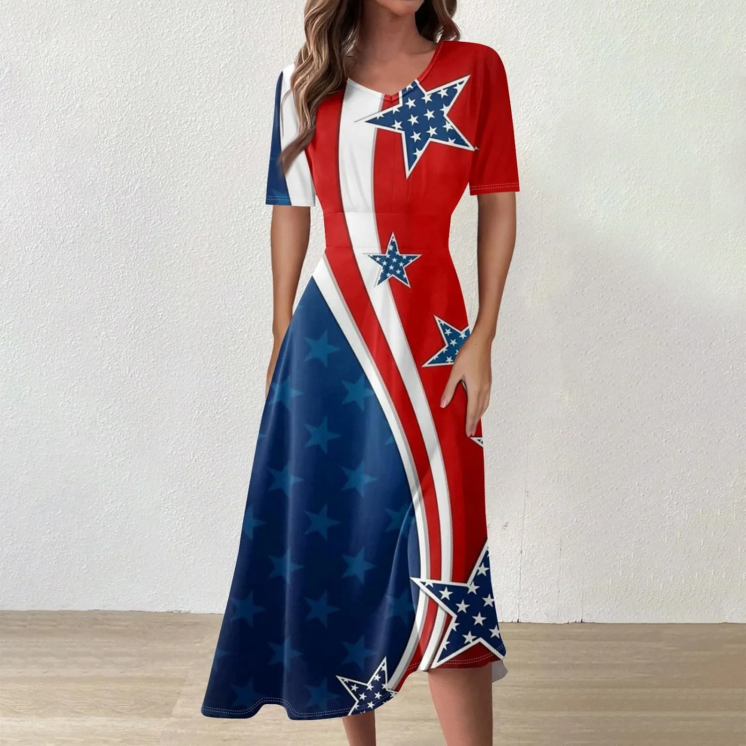 Women's July of 4th Dresses V Neck Patriotic Amercian Flag Midi Dress with Pocket