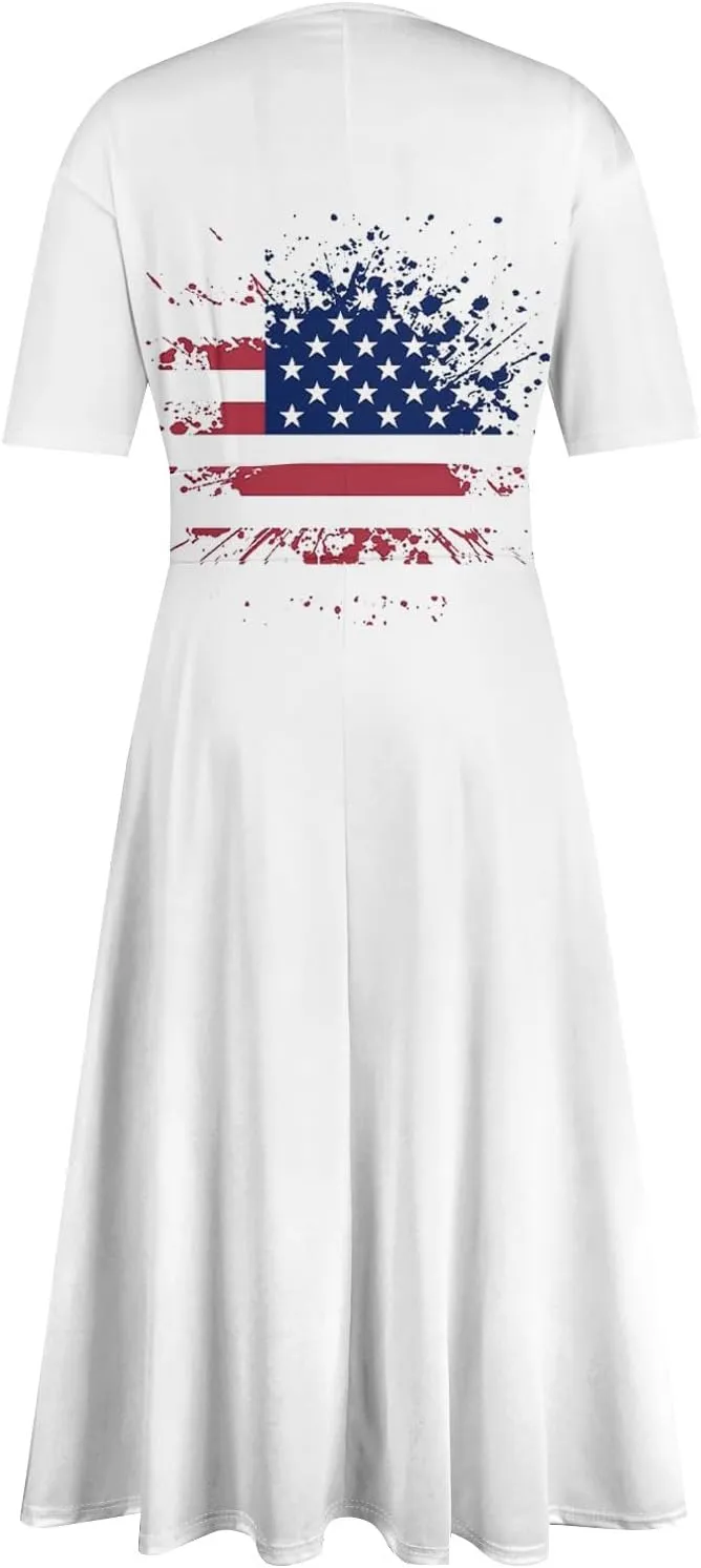 Women's July of 4th Dresses V Neck Patriotic Amercian Flag Midi Dress with Pocket