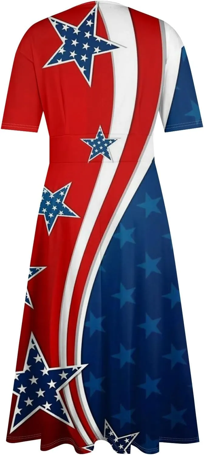 Women's July of 4th Dresses V Neck Patriotic Amercian Flag Midi Dress with Pocket