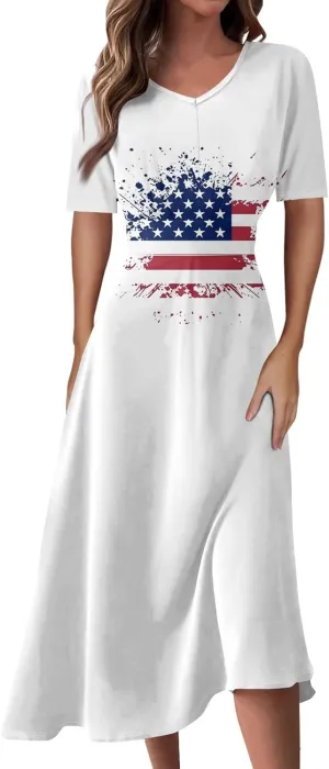 Women's July of 4th Dresses V Neck Patriotic Amercian Flag Midi Dress with Pocket