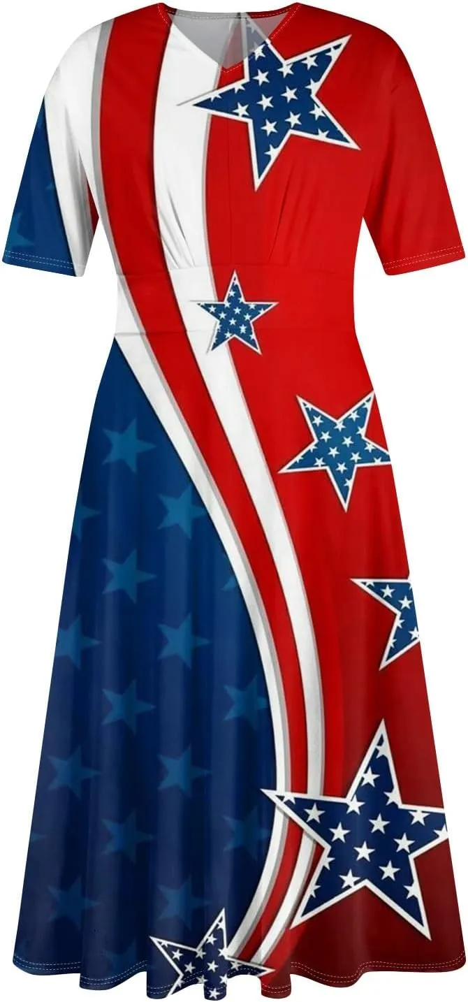 Women's July of 4th Dresses V Neck Patriotic Amercian Flag Midi Dress with Pocket