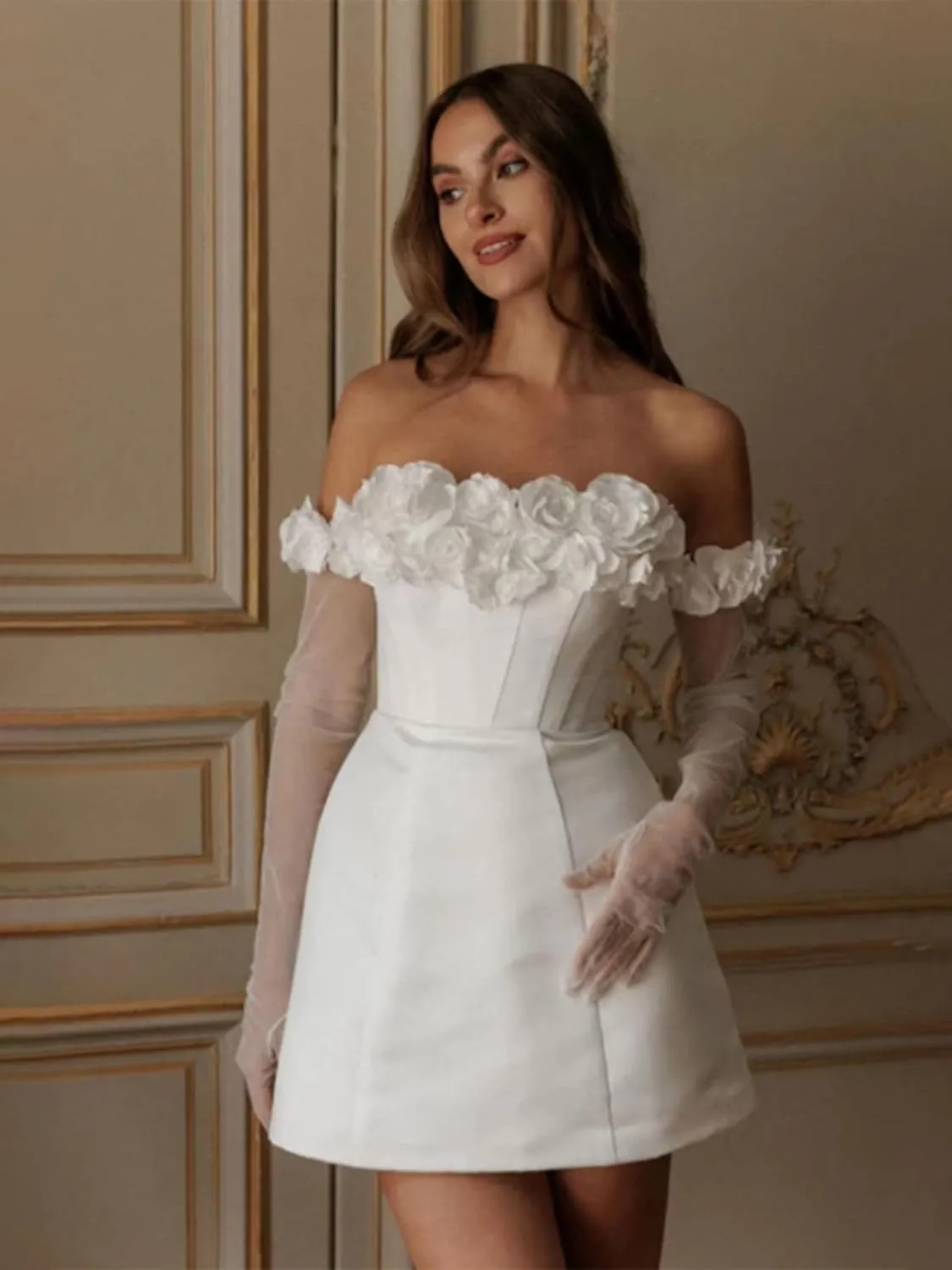 Women's Lace Short Wedding Dresses for Bride 2025 A Line Engagement Elopement Tulle Long Sleeve Bridal Shower Dress