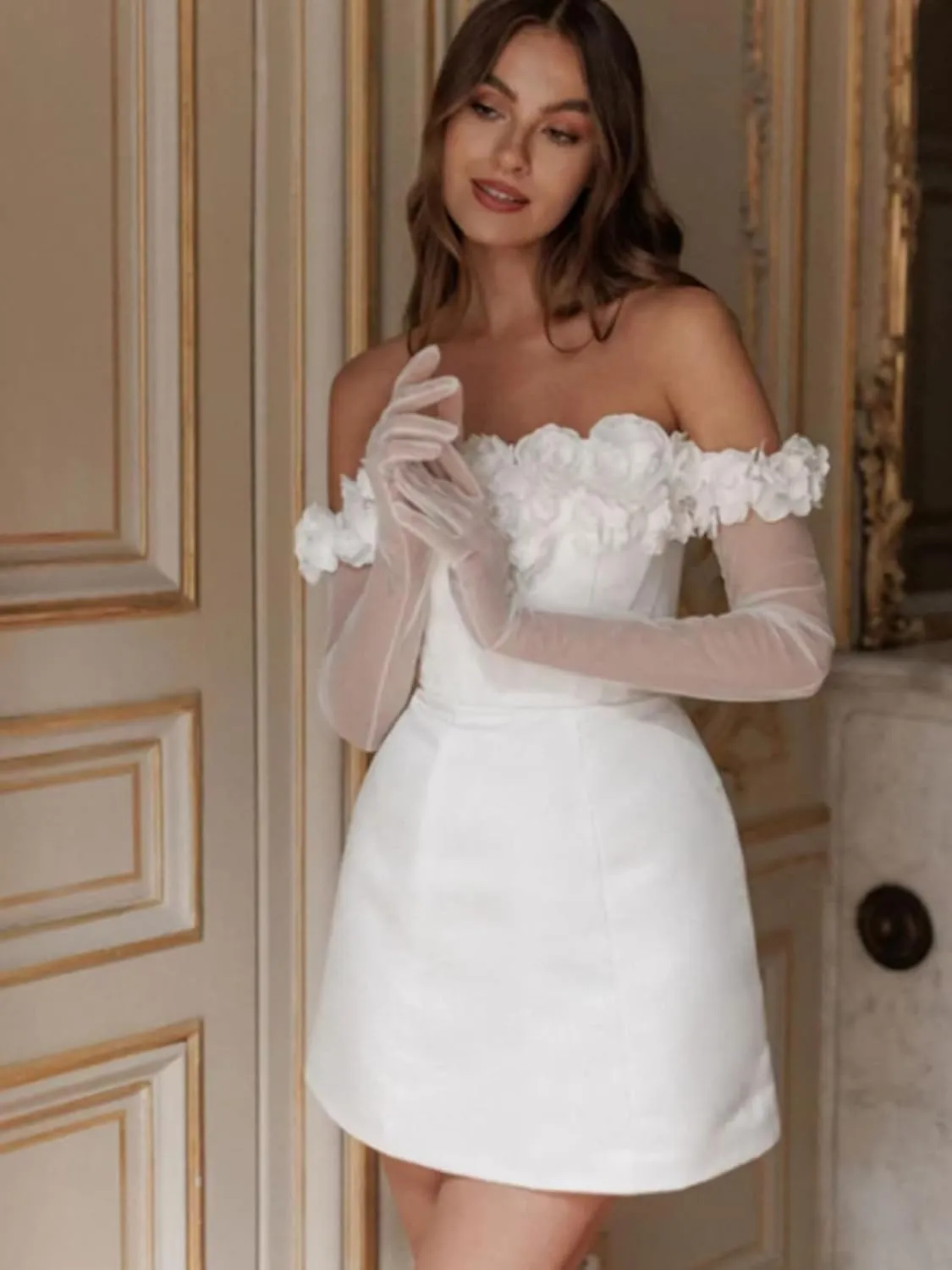 Women's Lace Short Wedding Dresses for Bride 2025 A Line Engagement Elopement Tulle Long Sleeve Bridal Shower Dress