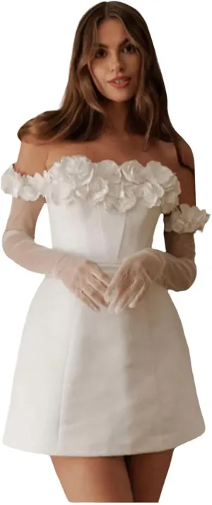 Women's Lace Short Wedding Dresses for Bride 2025 A Line Engagement Elopement Tulle Long Sleeve Bridal Shower Dress