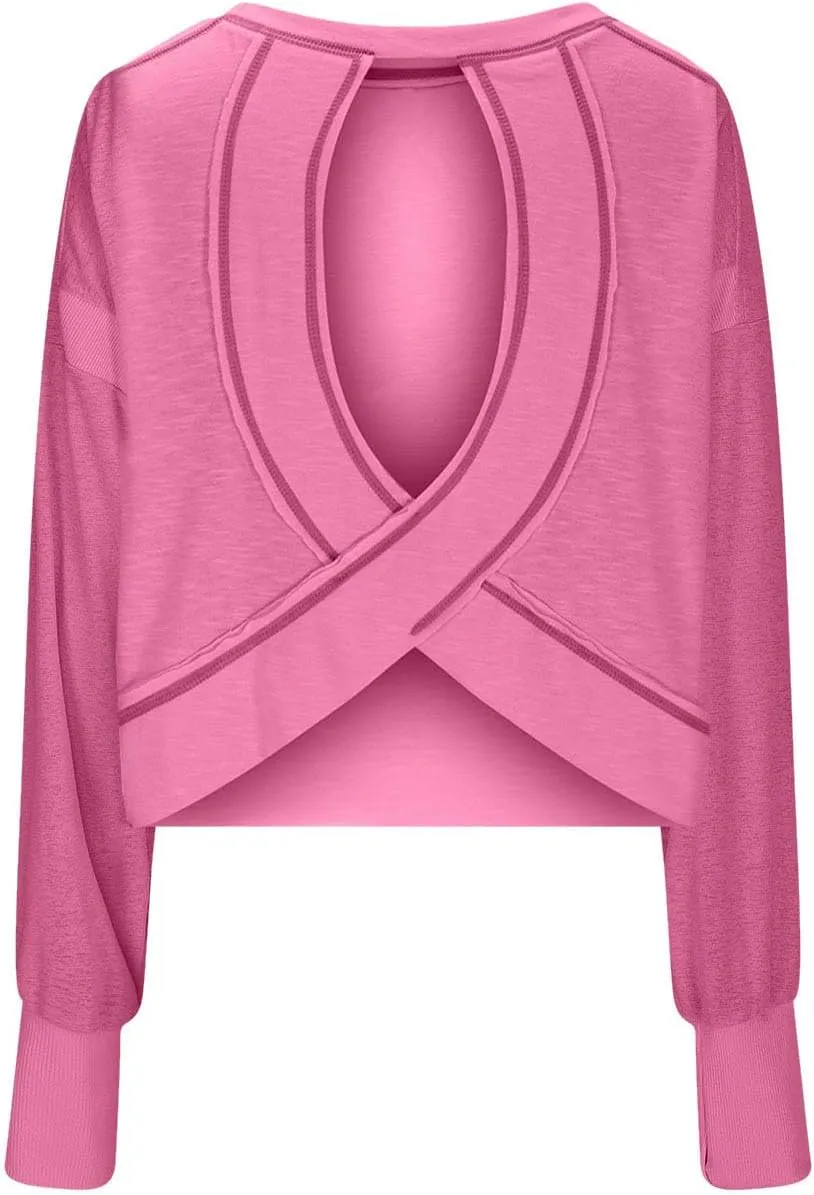 Womens Long Sleeve Tshirts Shirts Crewneck Sweatshirts Tops 2024 Fall Trendy Oversized Tunics Hollow Out Y2K Clothes
