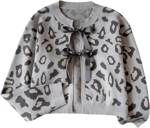 Women's Long Sleeves Open Front Leopard Print Bow Tie Front Cardigan Long Sleeve Y2K Knitted Cardigan Sweater