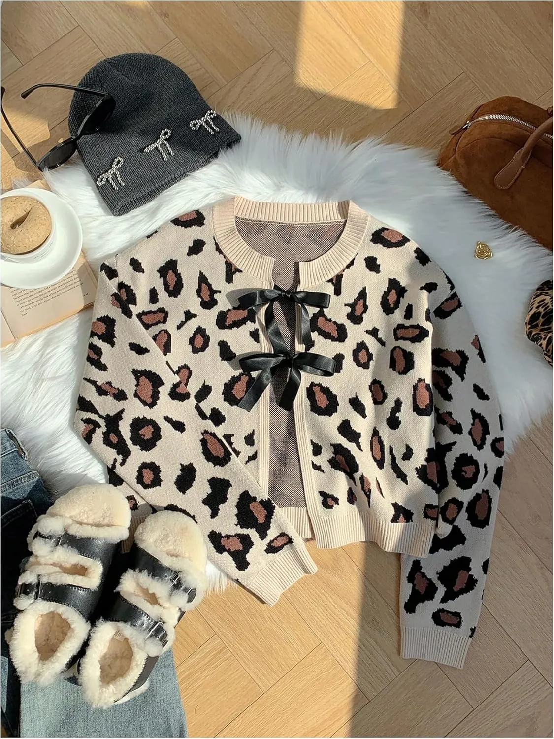 Women's Long Sleeves Open Front Leopard Print Bow Tie Front Cardigan Long Sleeve Y2K Knitted Cardigan Sweater