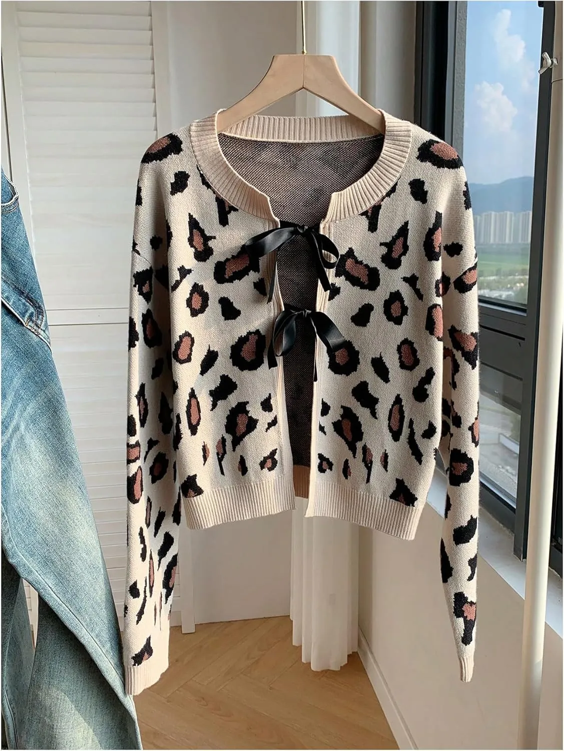 Women's Long Sleeves Open Front Leopard Print Bow Tie Front Cardigan Long Sleeve Y2K Knitted Cardigan Sweater
