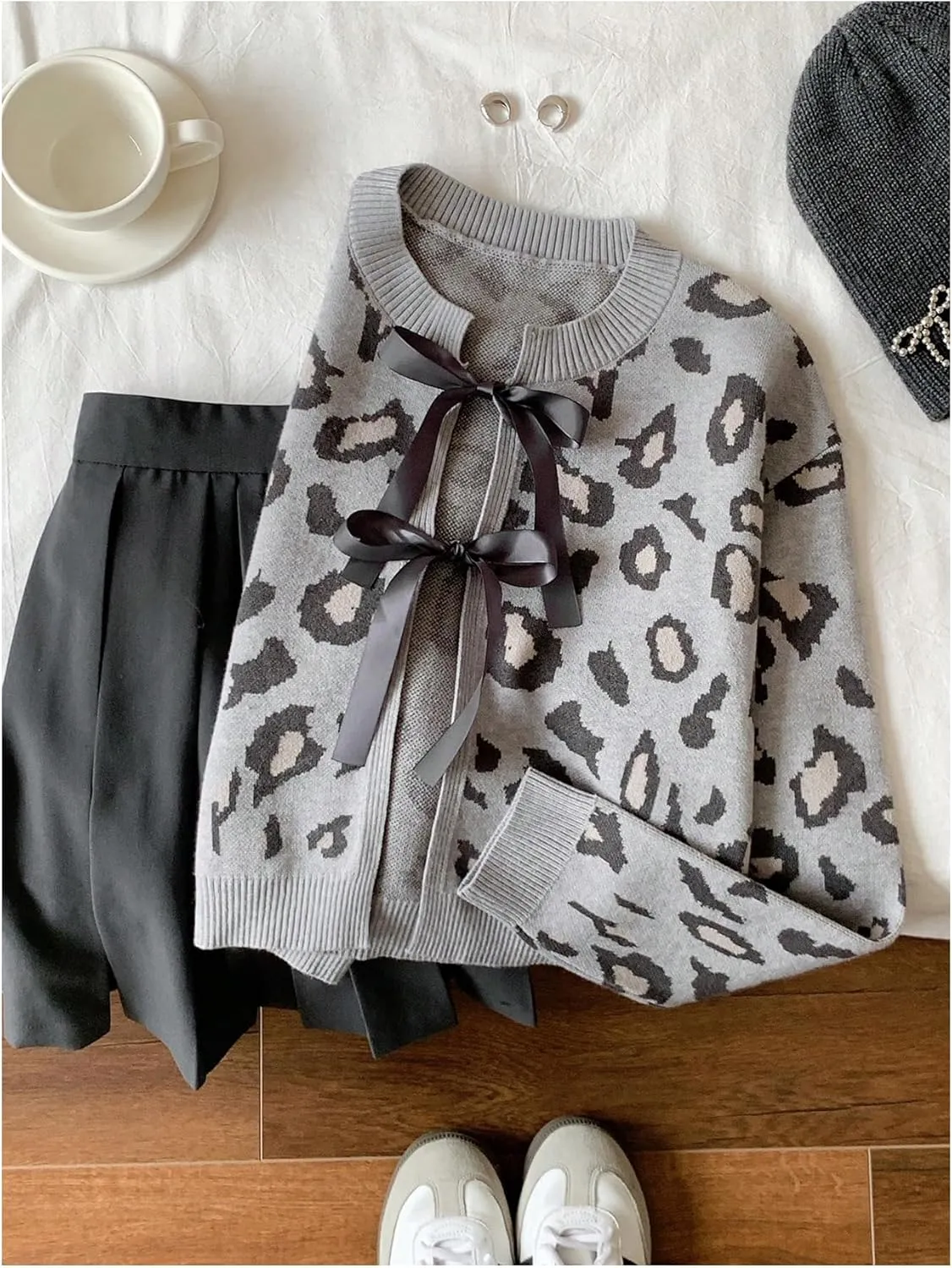 Women's Long Sleeves Open Front Leopard Print Bow Tie Front Cardigan Long Sleeve Y2K Knitted Cardigan Sweater