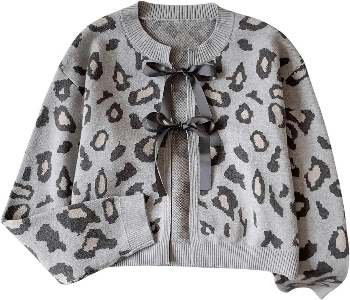 Women's Long Sleeves Open Front Leopard Print Bow Tie Front Cardigan Long Sleeve Y2K Knitted Cardigan Sweater