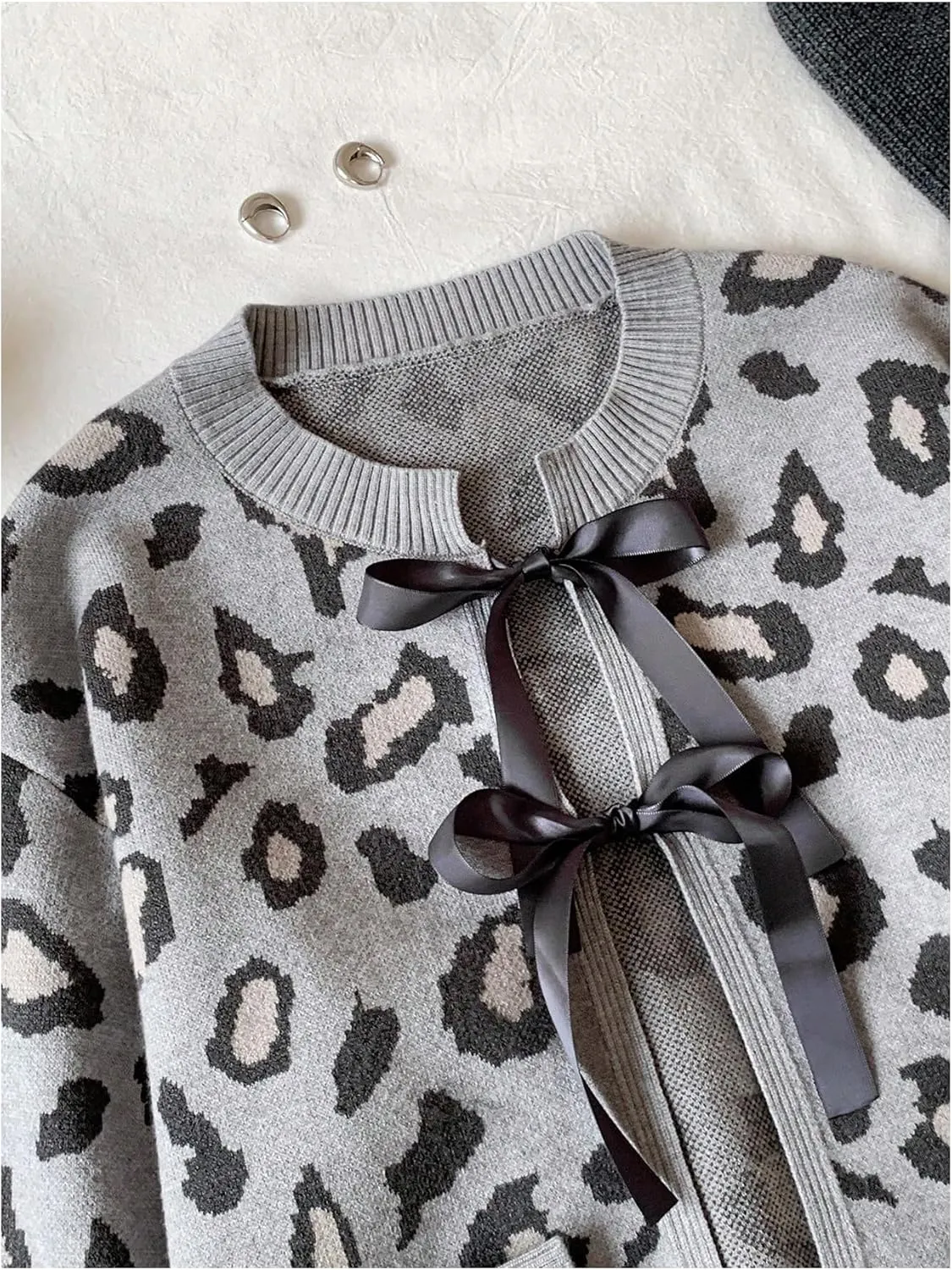 Women's Long Sleeves Open Front Leopard Print Bow Tie Front Cardigan Long Sleeve Y2K Knitted Cardigan Sweater