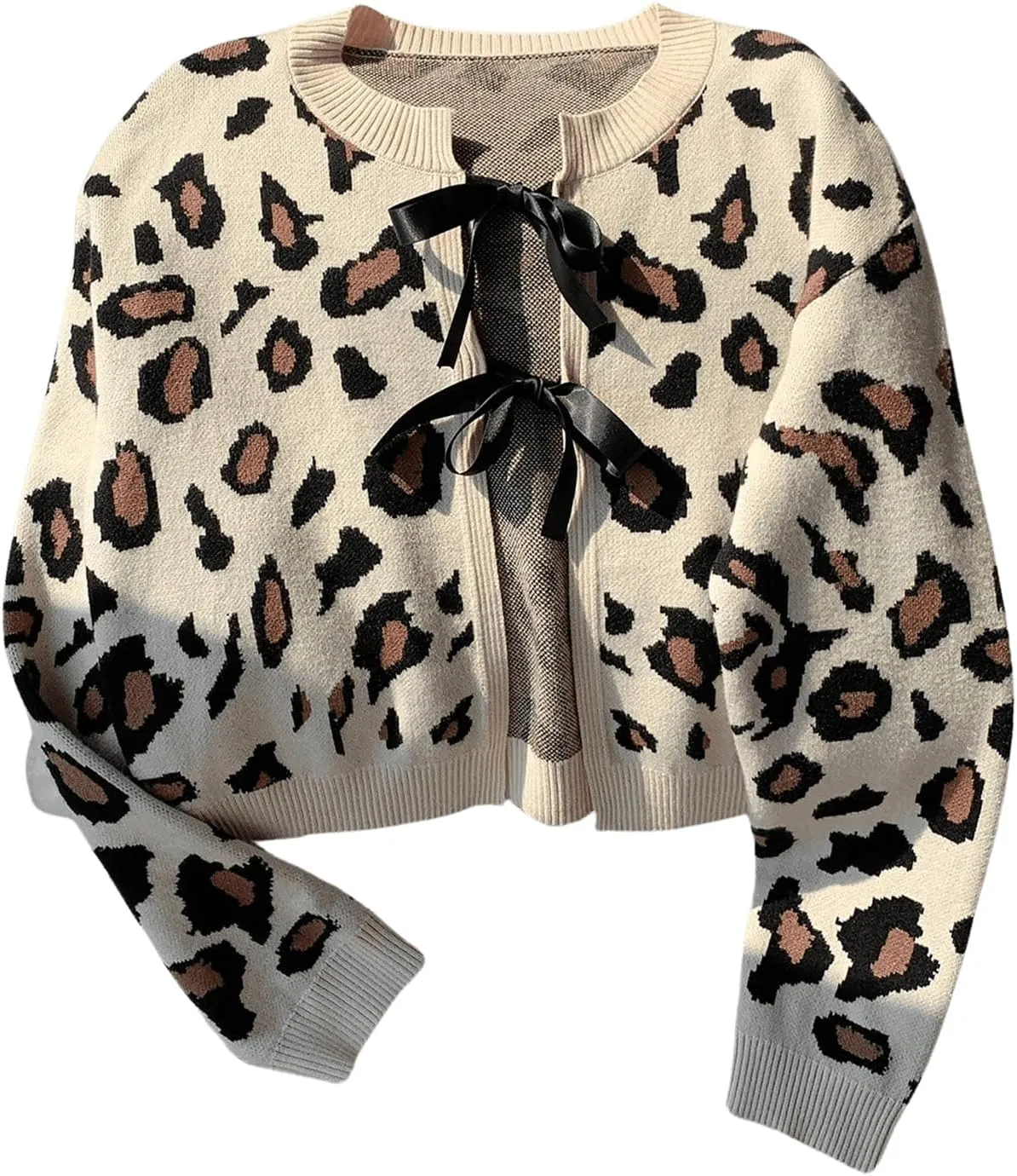 Women's Long Sleeves Open Front Leopard Print Bow Tie Front Cardigan Long Sleeve Y2K Knitted Cardigan Sweater
