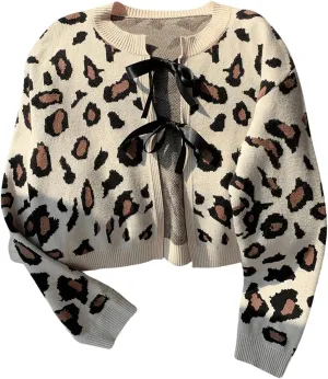 Women's Long Sleeves Open Front Leopard Print Bow Tie Front Cardigan Long Sleeve Y2K Knitted Cardigan Sweater