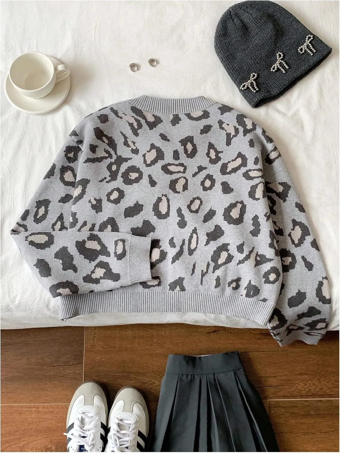 Women's Long Sleeves Open Front Leopard Print Bow Tie Front Cardigan Long Sleeve Y2K Knitted Cardigan Sweater