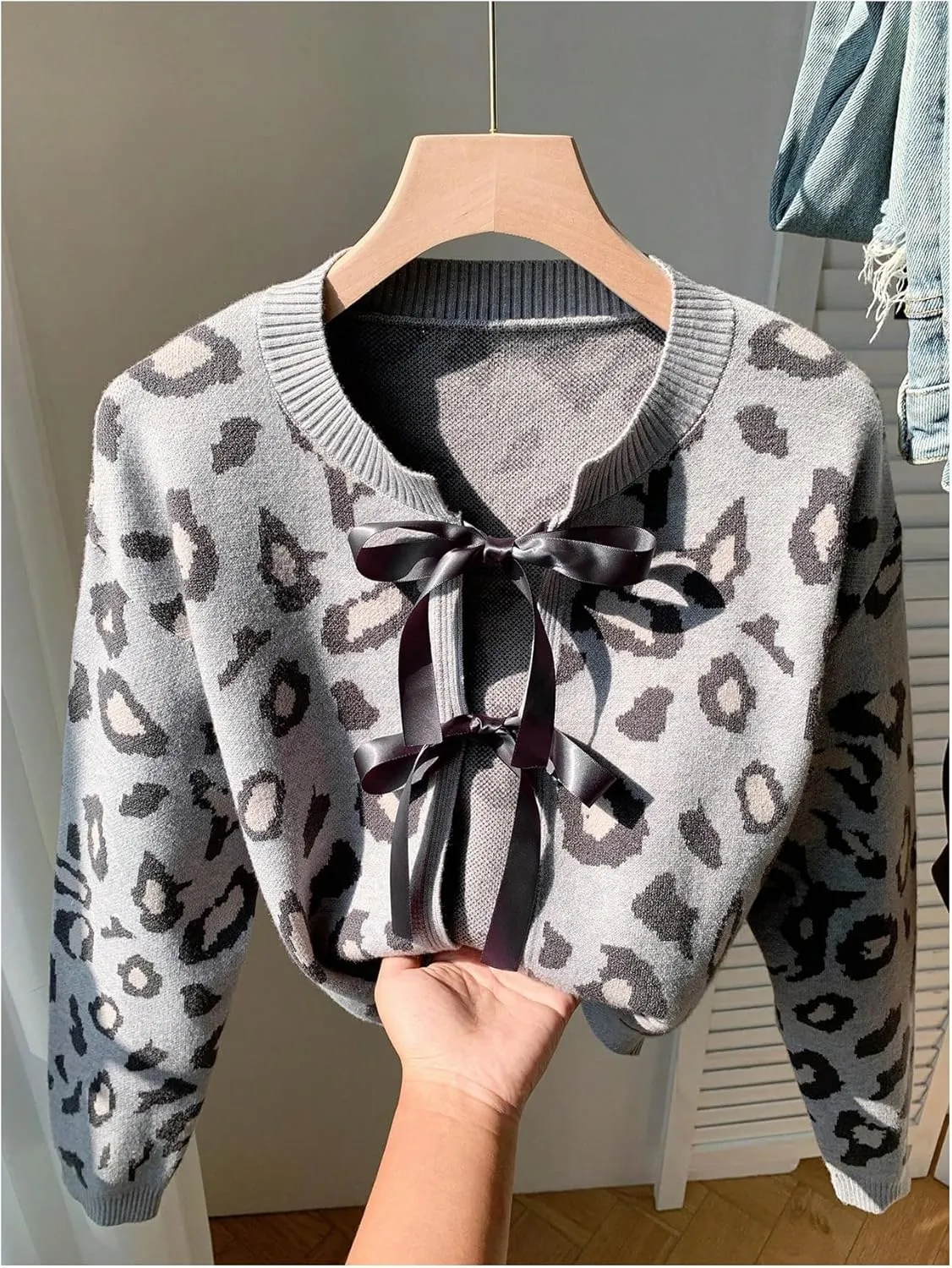 Women's Long Sleeves Open Front Leopard Print Bow Tie Front Cardigan Long Sleeve Y2K Knitted Cardigan Sweater