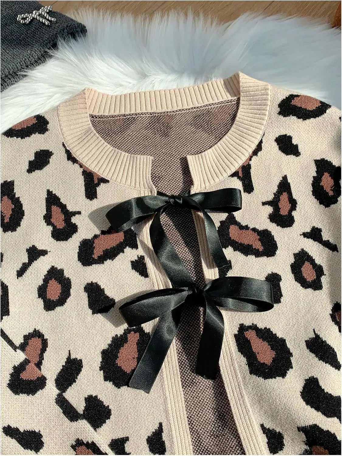 Women's Long Sleeves Open Front Leopard Print Bow Tie Front Cardigan Long Sleeve Y2K Knitted Cardigan Sweater