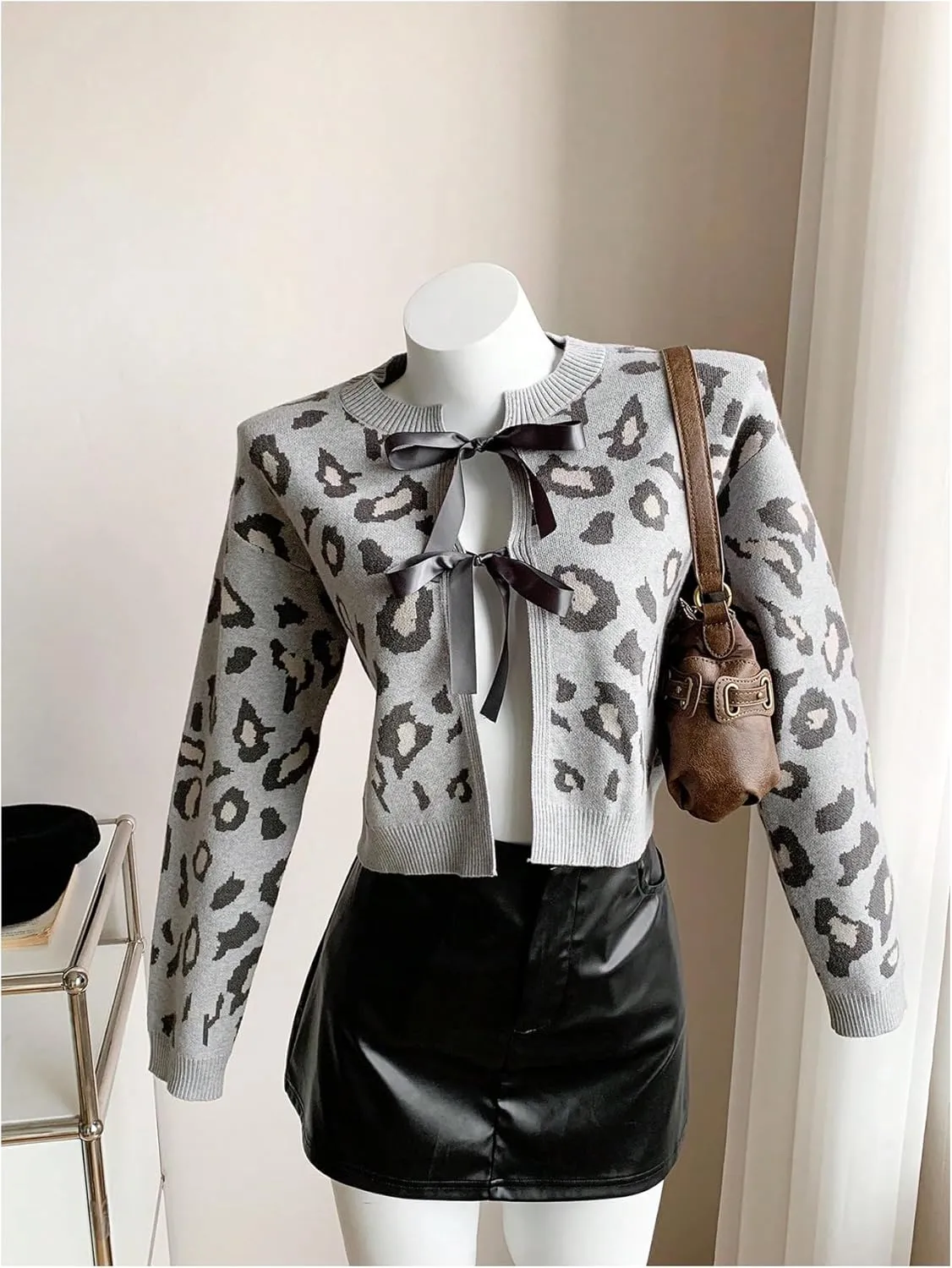 Women's Long Sleeves Open Front Leopard Print Bow Tie Front Cardigan Long Sleeve Y2K Knitted Cardigan Sweater