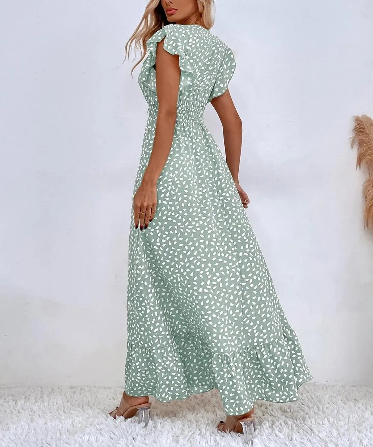 Womens Maxi Dress Ruffle Petal Short Sleeve V Neck Floral Summer Beach Holiday Sundress Casual Long Dress