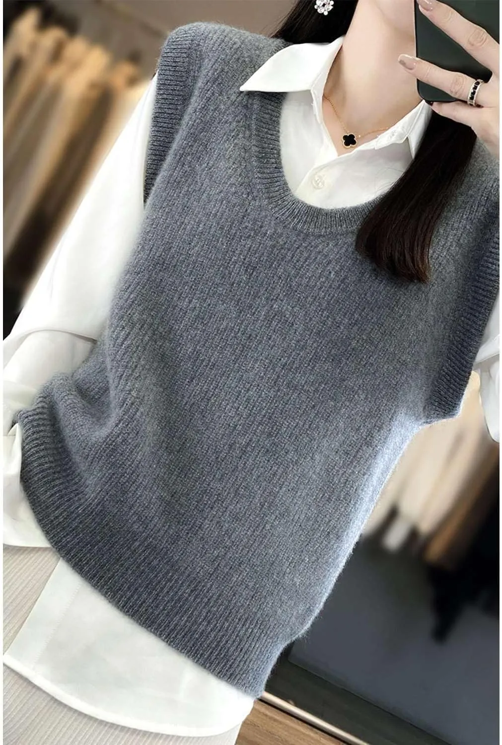Women's O-Neck Knit Sweater Vest Merino Wool Sleeveless Thick Pullover Vest Short Tops