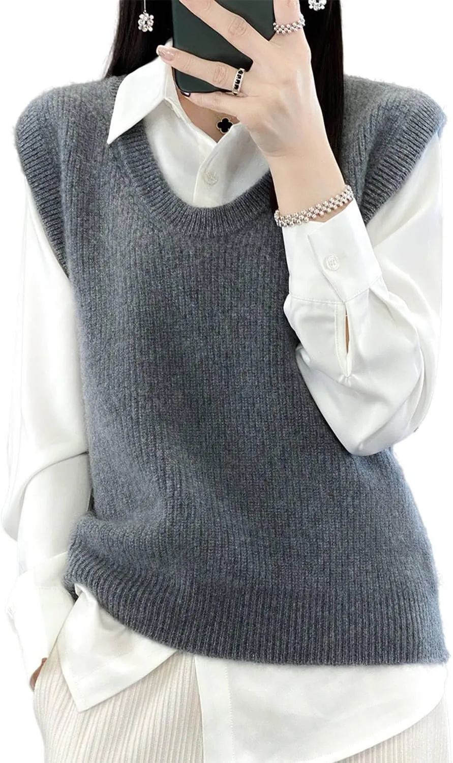 Women's O-Neck Knit Sweater Vest Merino Wool Sleeveless Thick Pullover Vest Short Tops