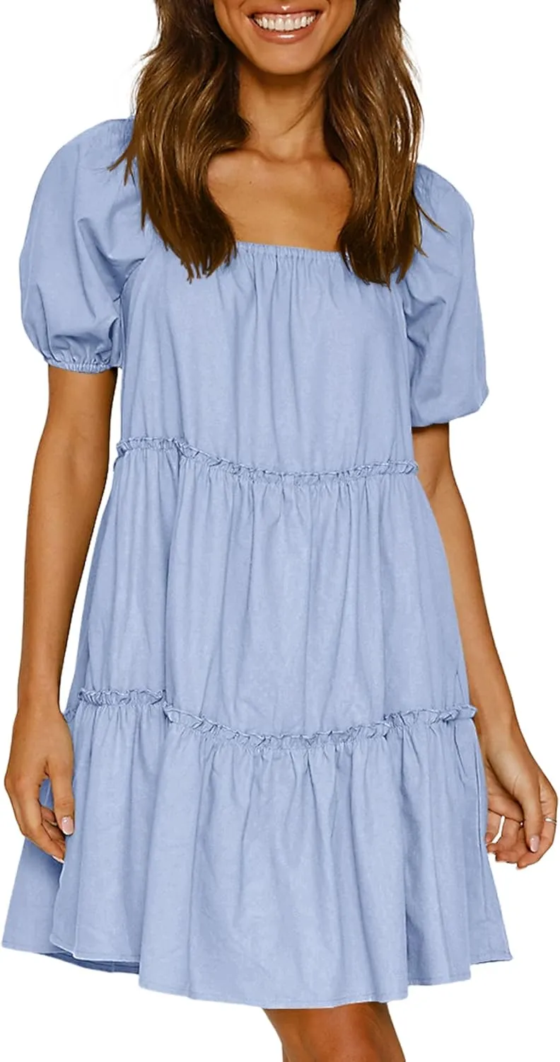 Womens Off Shoulder Summer Dresses Square Neck Short Sleeve Tie Backless Ruffle A Line Casual Layer Mini Dress