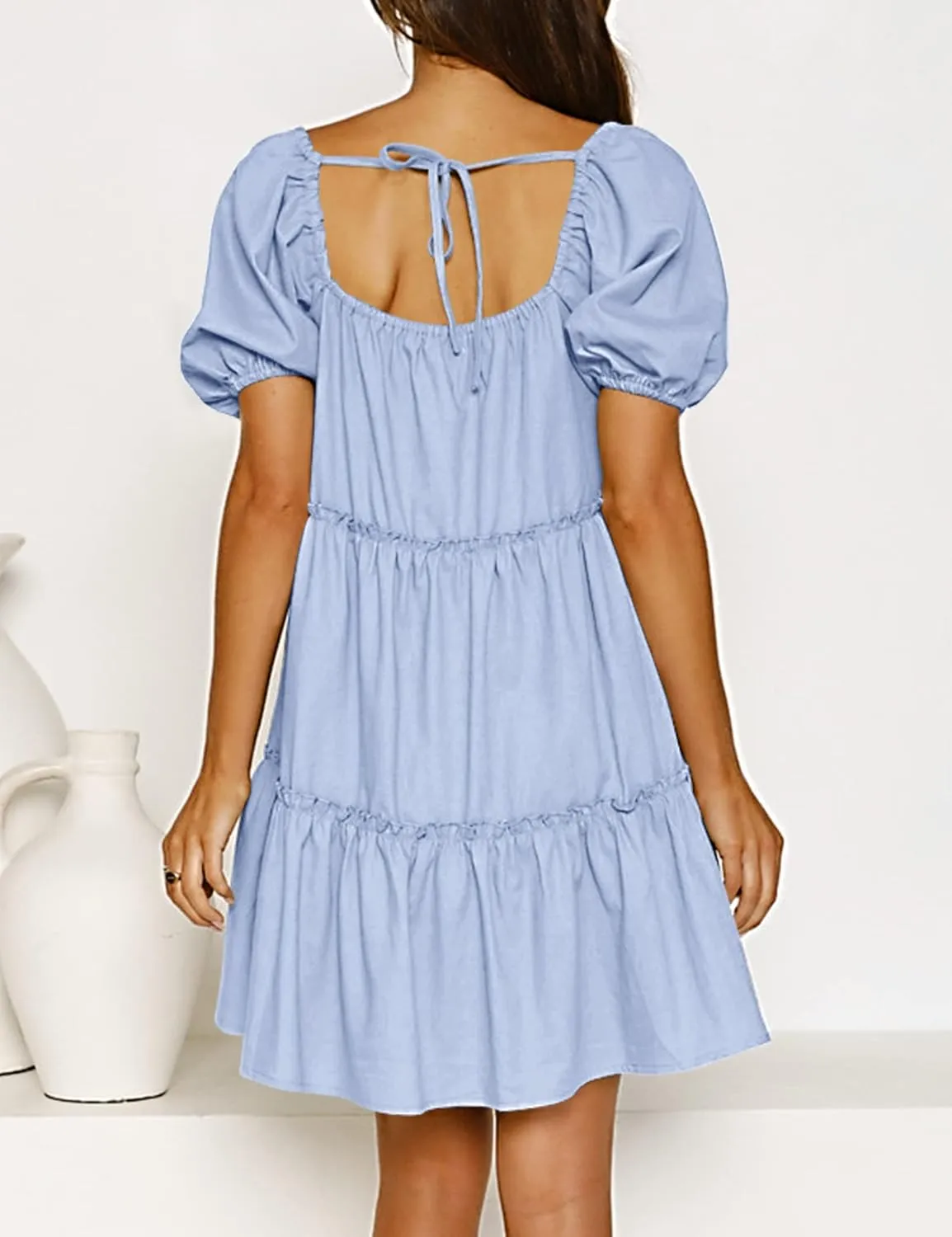 Womens Off Shoulder Summer Dresses Square Neck Short Sleeve Tie Backless Ruffle A Line Casual Layer Mini Dress