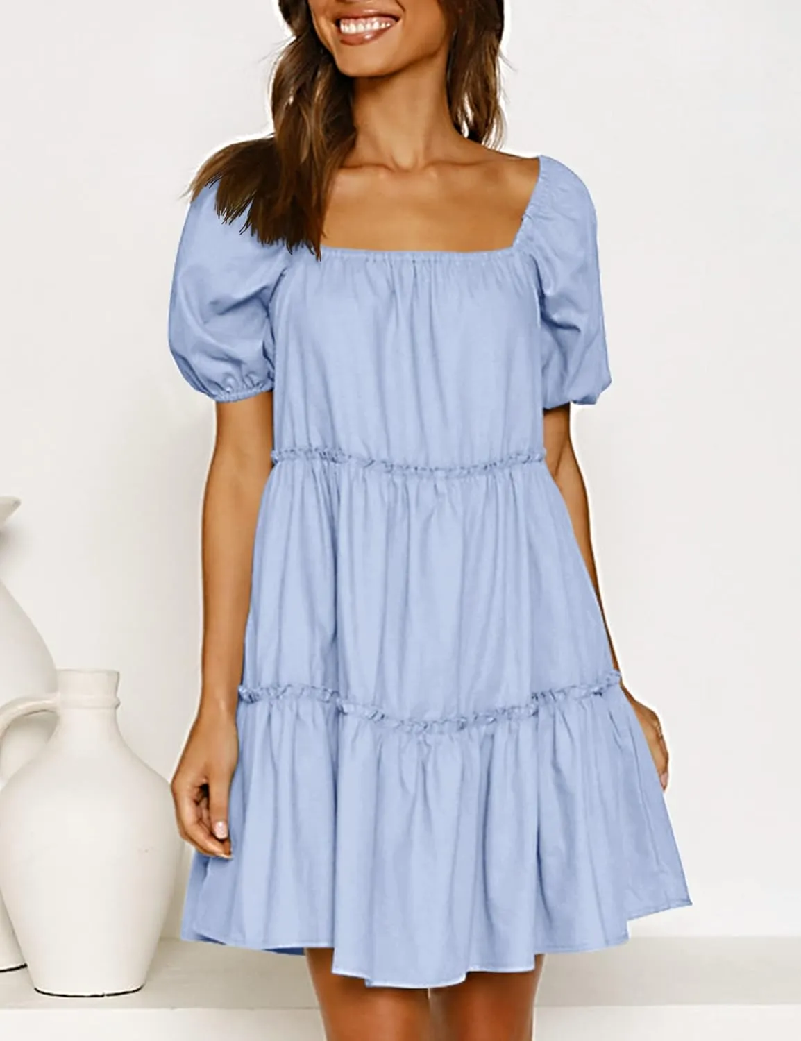Womens Off Shoulder Summer Dresses Square Neck Short Sleeve Tie Backless Ruffle A Line Casual Layer Mini Dress