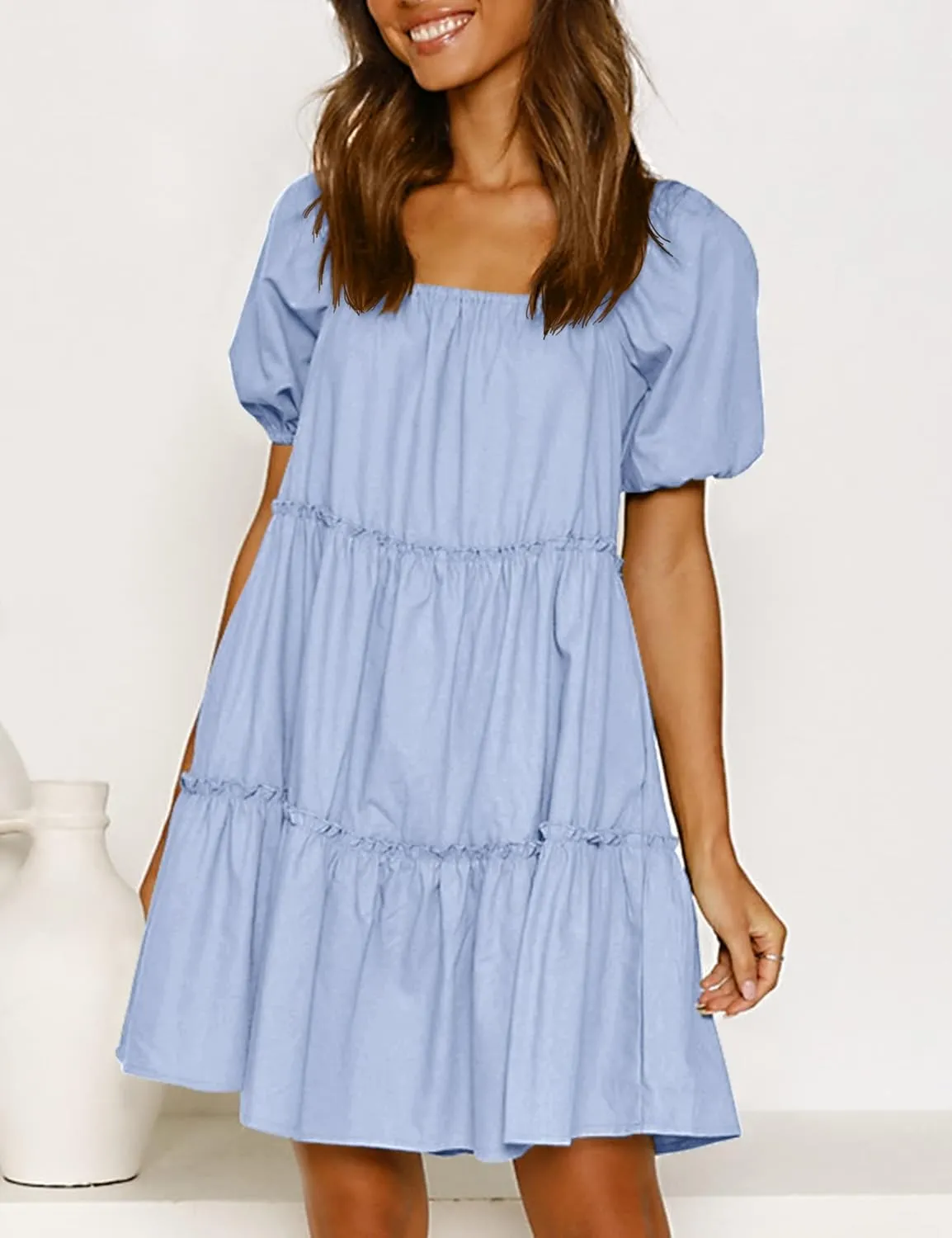 Womens Off Shoulder Summer Dresses Square Neck Short Sleeve Tie Backless Ruffle A Line Casual Layer Mini Dress