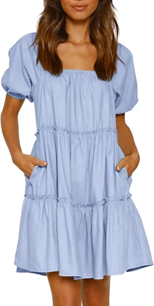 Womens Off Shoulder Summer Dresses Square Neck Short Sleeve Tie Backless Ruffle A Line Casual Layer Mini Dress
