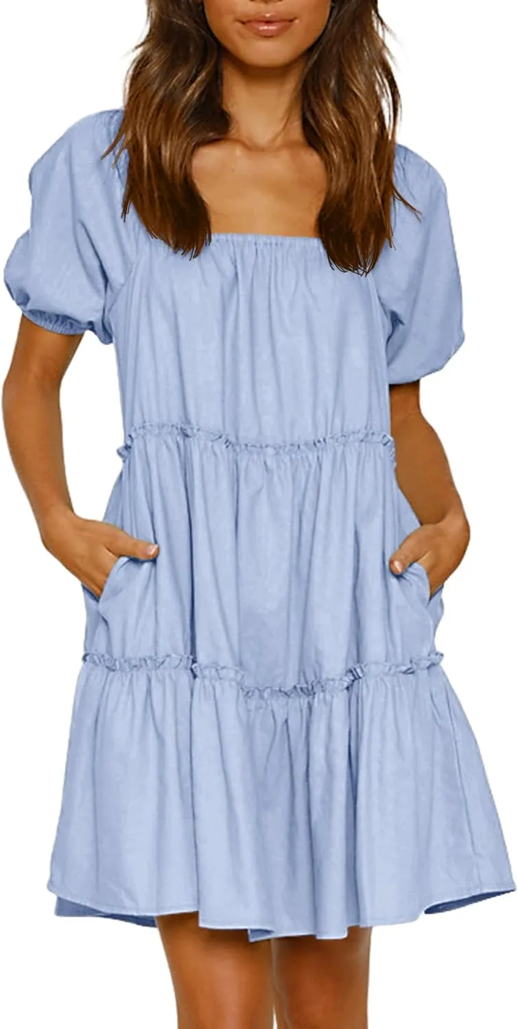 Womens Off Shoulder Summer Dresses Square Neck Short Sleeve Tie Backless Ruffle A Line Casual Layer Mini Dress