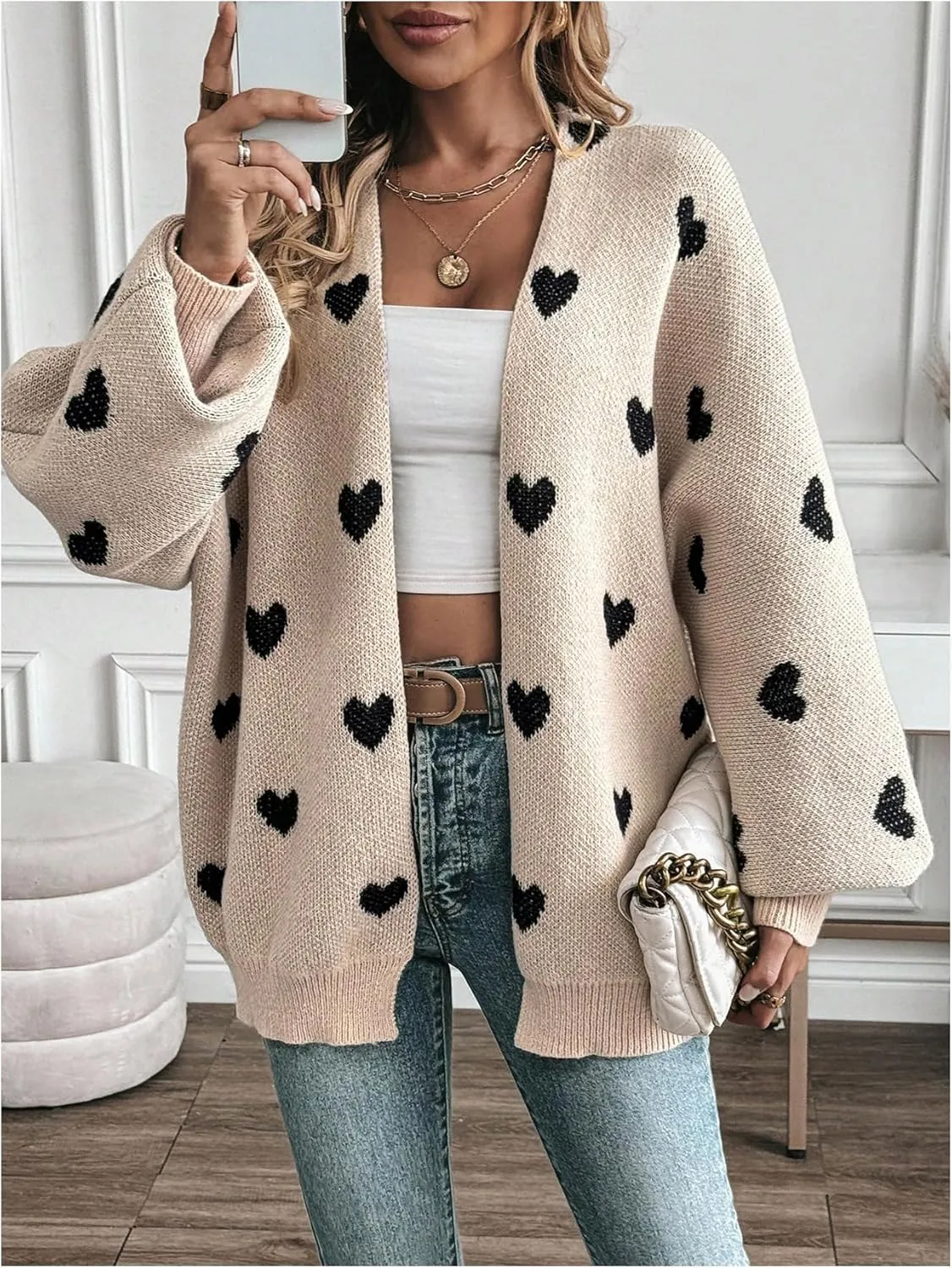 Women's Open Front Heart Print Cardigan Sweater Shawl Collar Long Sleeve Drop Shoulder Sweaters Knit Tops