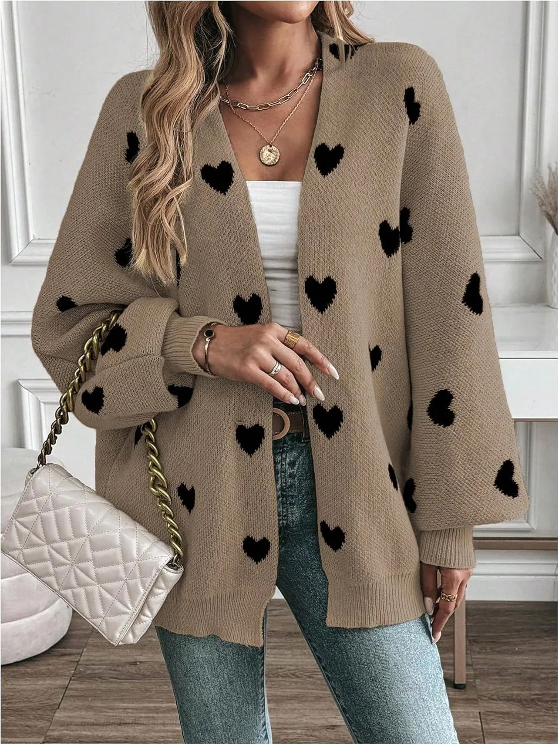 Women's Open Front Heart Print Cardigan Sweater Shawl Collar Long Sleeve Drop Shoulder Sweaters Knit Tops