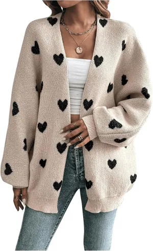 Women's Open Front Heart Print Cardigan Sweater Shawl Collar Long Sleeve Drop Shoulder Sweaters Knit Tops
