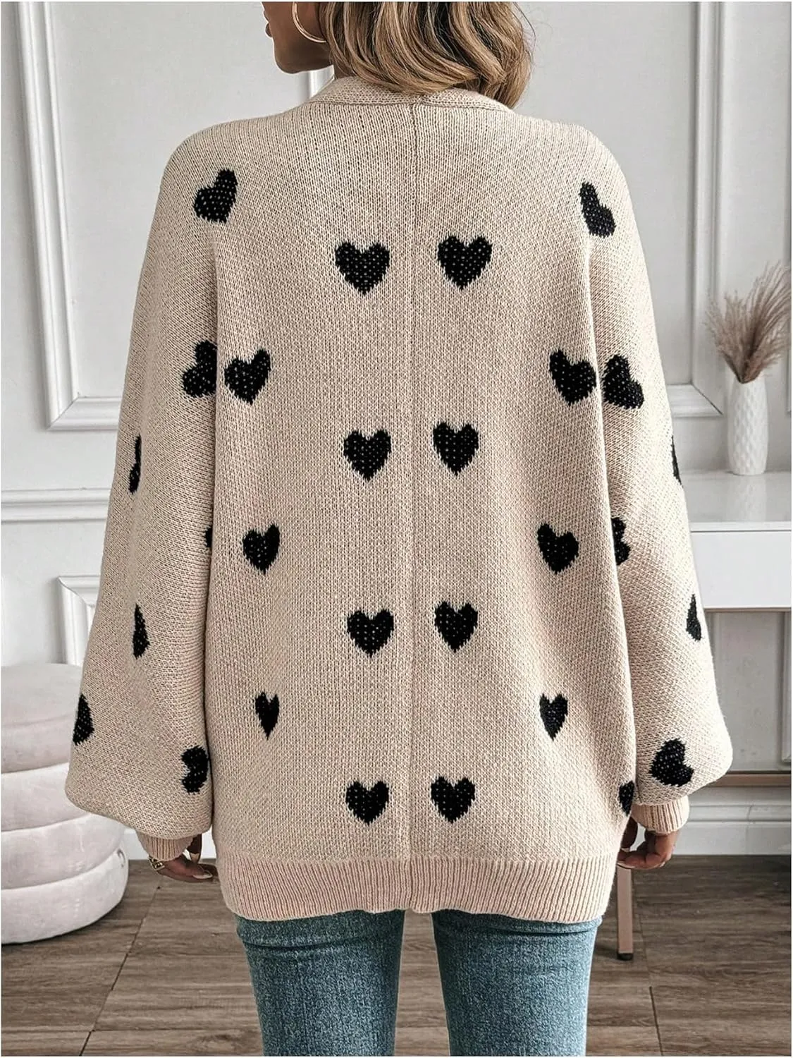 Women's Open Front Heart Print Cardigan Sweater Shawl Collar Long Sleeve Drop Shoulder Sweaters Knit Tops