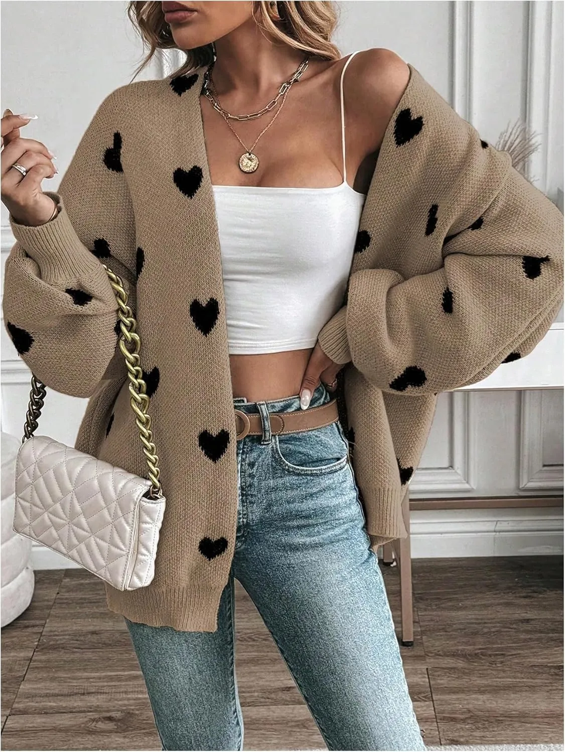 Women's Open Front Heart Print Cardigan Sweater Shawl Collar Long Sleeve Drop Shoulder Sweaters Knit Tops