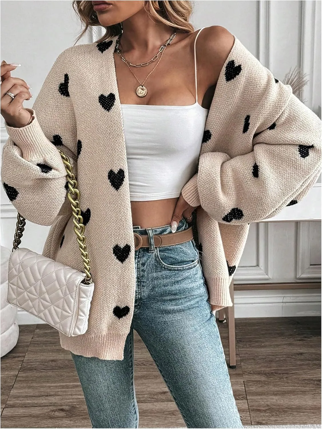 Women's Open Front Heart Print Cardigan Sweater Shawl Collar Long Sleeve Drop Shoulder Sweaters Knit Tops