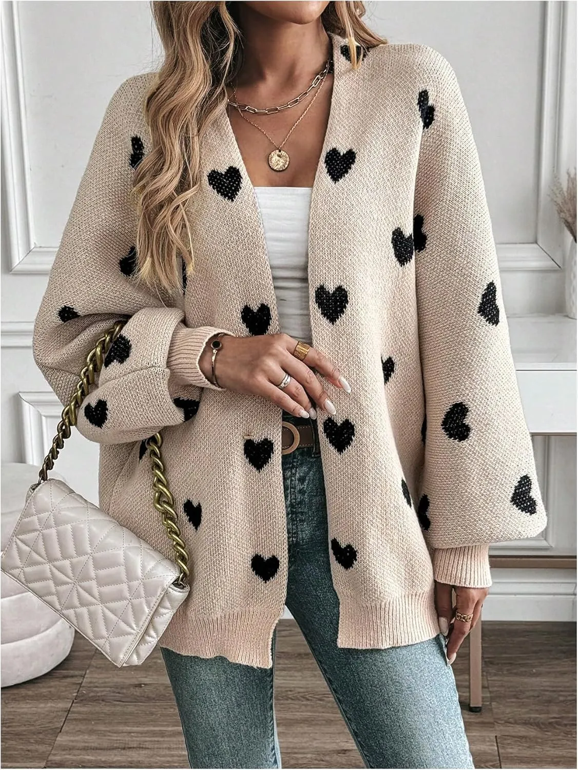 Women's Open Front Heart Print Cardigan Sweater Shawl Collar Long Sleeve Drop Shoulder Sweaters Knit Tops
