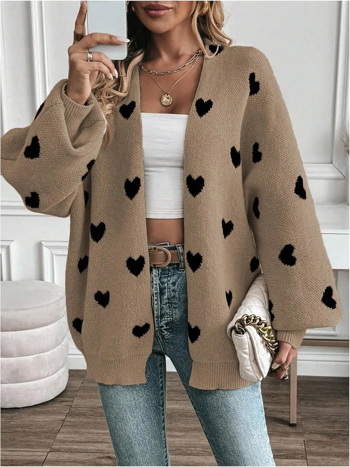 Women's Open Front Heart Print Cardigan Sweater Shawl Collar Long Sleeve Drop Shoulder Sweaters Knit Tops