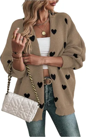 Women's Open Front Heart Print Cardigan Sweater Shawl Collar Long Sleeve Drop Shoulder Sweaters Knit Tops