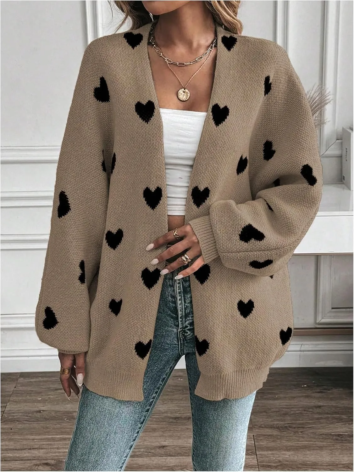 Women's Open Front Heart Print Cardigan Sweater Shawl Collar Long Sleeve Drop Shoulder Sweaters Knit Tops