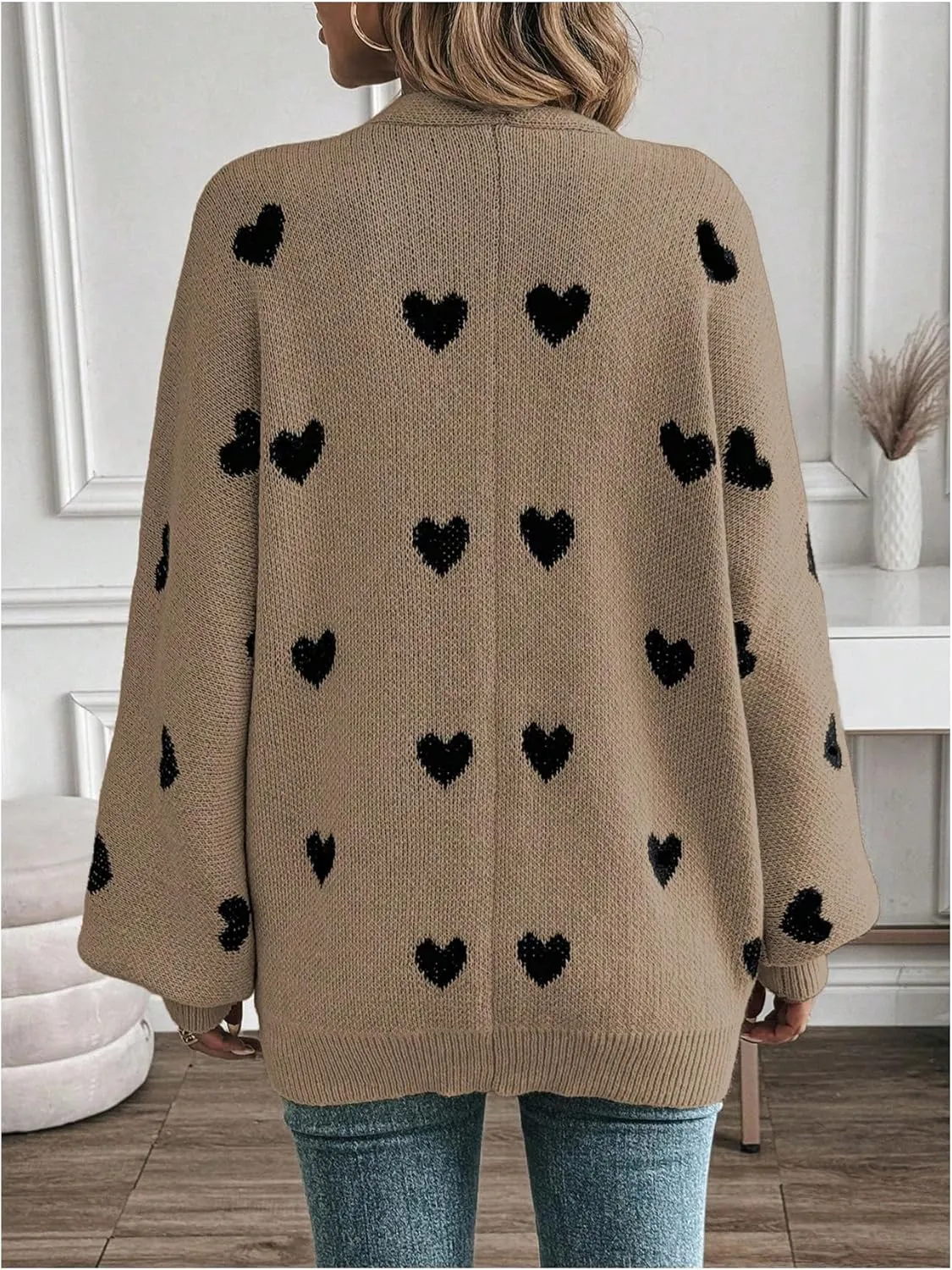 Women's Open Front Heart Print Cardigan Sweater Shawl Collar Long Sleeve Drop Shoulder Sweaters Knit Tops