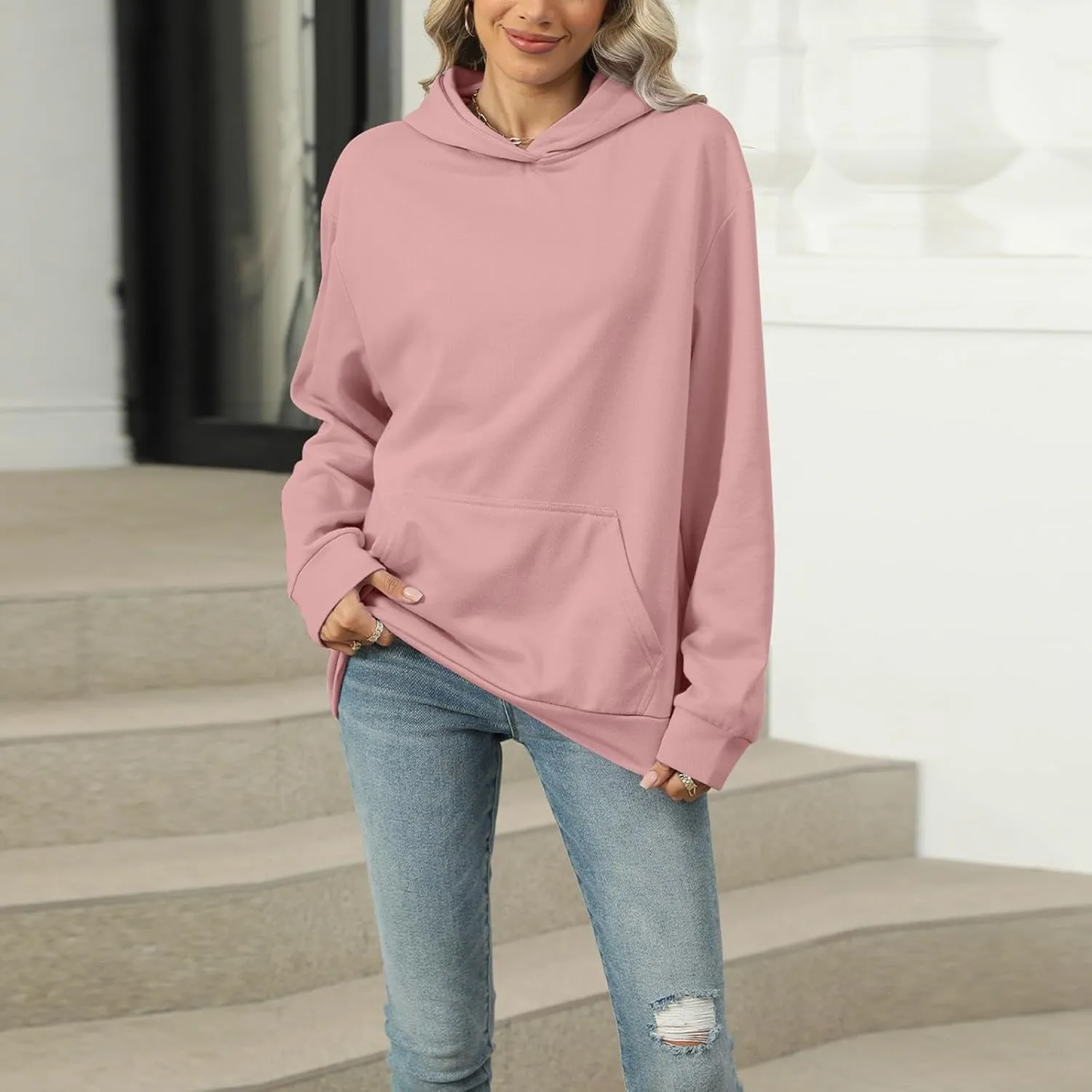 Womens Oversized Hoodies 2024 Fashion Basic Sweatshirts Drawstring Tops Hooded Pullover Tops Outfits with Pocket