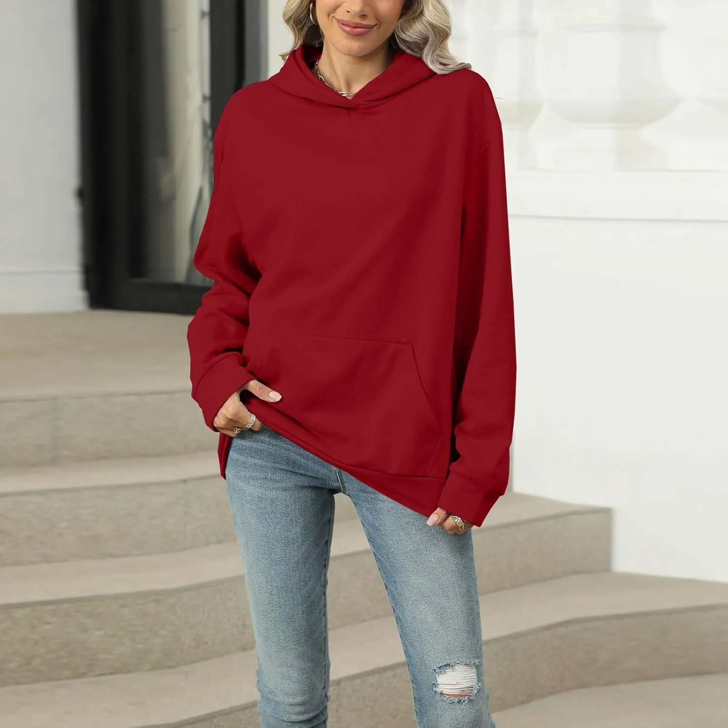 Womens Oversized Hoodies 2024 Fashion Basic Sweatshirts Drawstring Tops Hooded Pullover Tops Outfits with Pocket