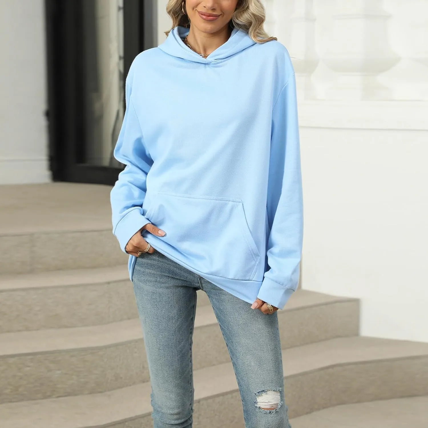 Womens Oversized Hoodies 2024 Fashion Basic Sweatshirts Drawstring Tops Hooded Pullover Tops Outfits with Pocket