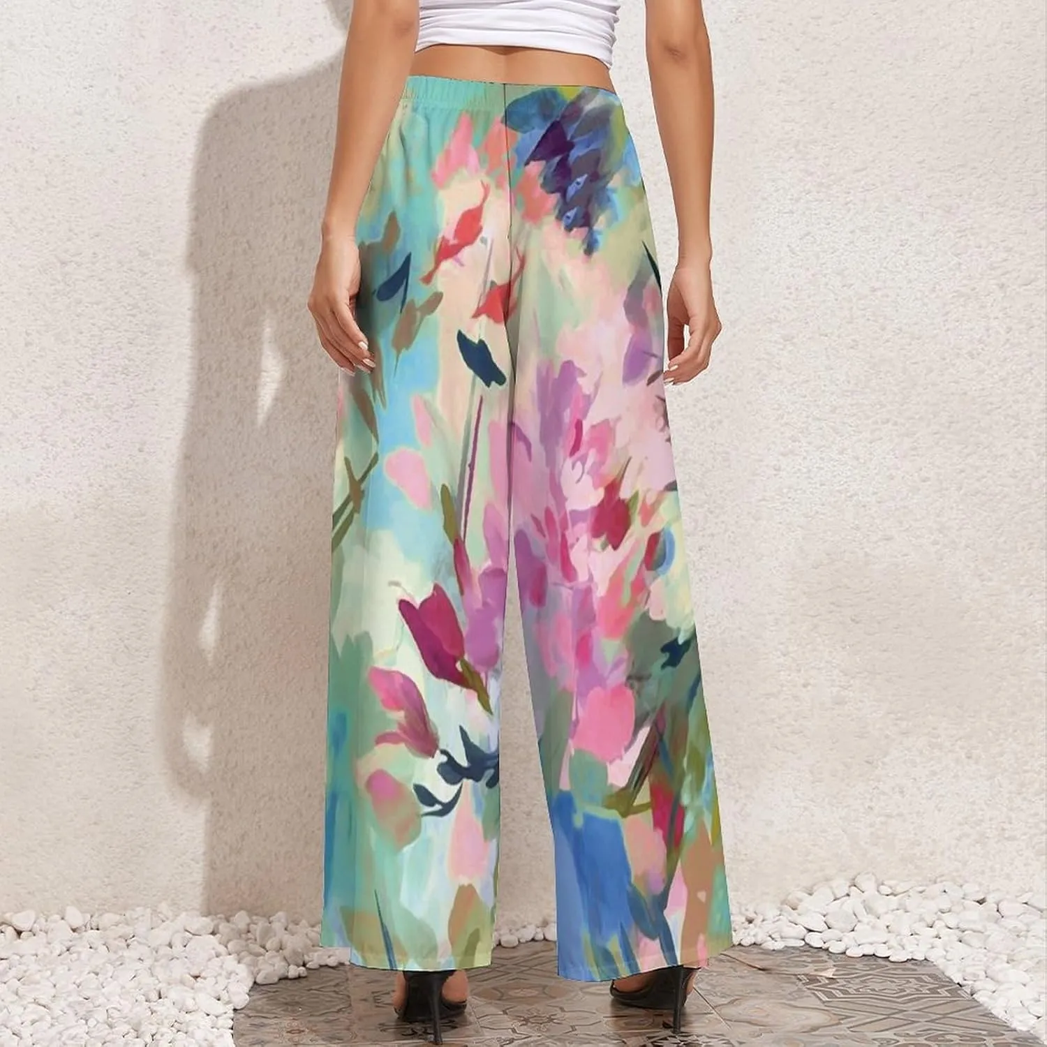 Women's Pants Elastic High Waisted Boho Tie Die Colors Flower Palazzo Casual Wide Leg Dress Pants for Women