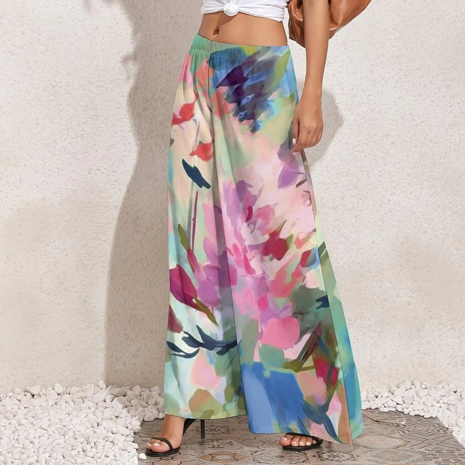 Women's Pants Elastic High Waisted Boho Tie Die Colors Flower Palazzo Casual Wide Leg Dress Pants for Women