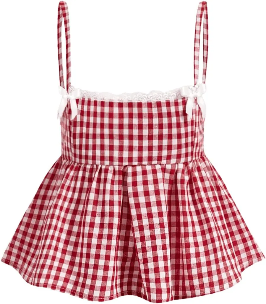 Women's Plaid Print Lace Bow Camisole Tops Spaghetti Strap Ruffle Hem Flared Cami Shirts Streetwear Cute Tops